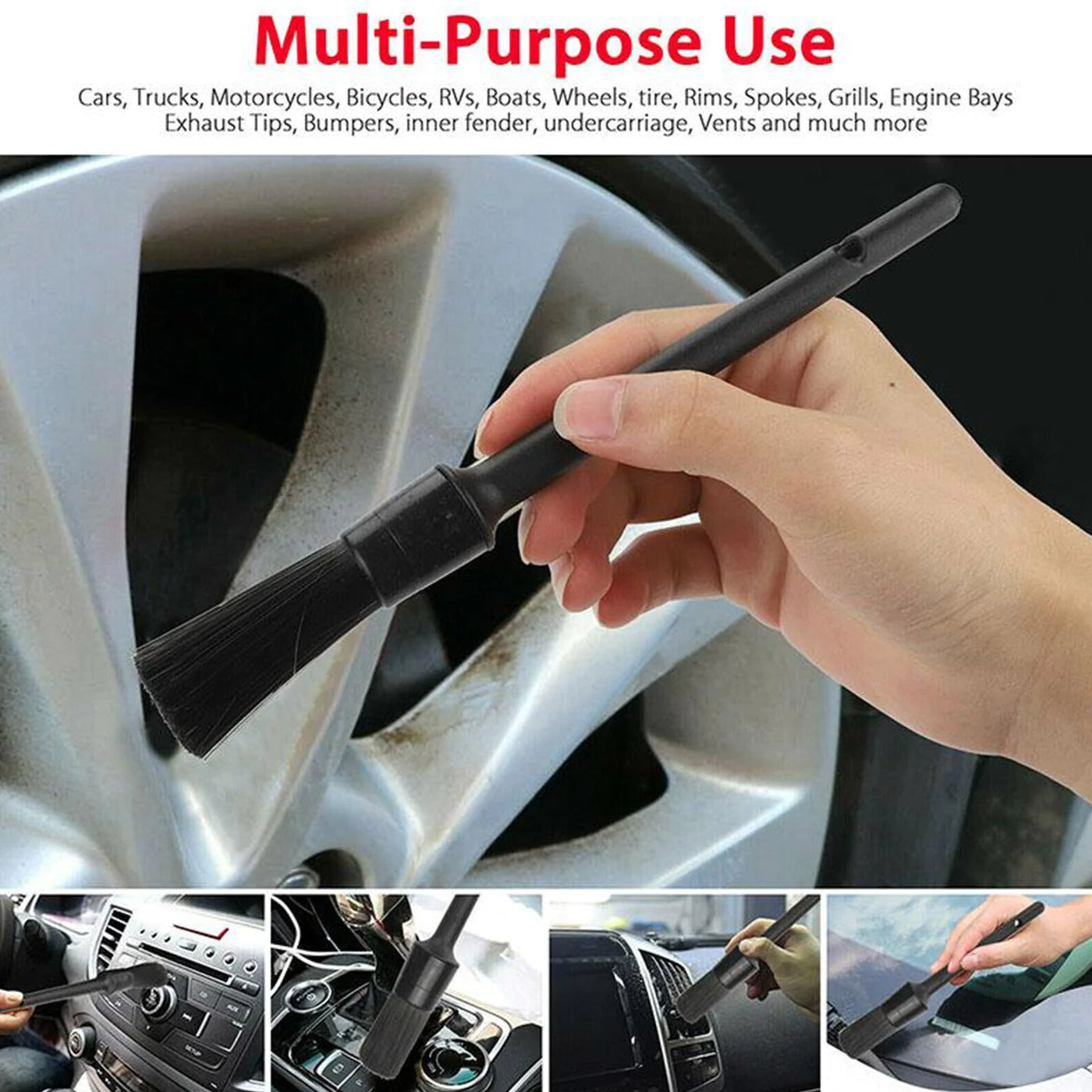 5PC Car Detailing Brush Kit Boar Hair Vehicle Auto Interior For Wheel Clean Sets